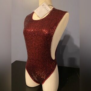 Rehab Ruby Red Sequin Bodysuit Holiday Club Sexy Small S NWT Snap Crotch Zip Up